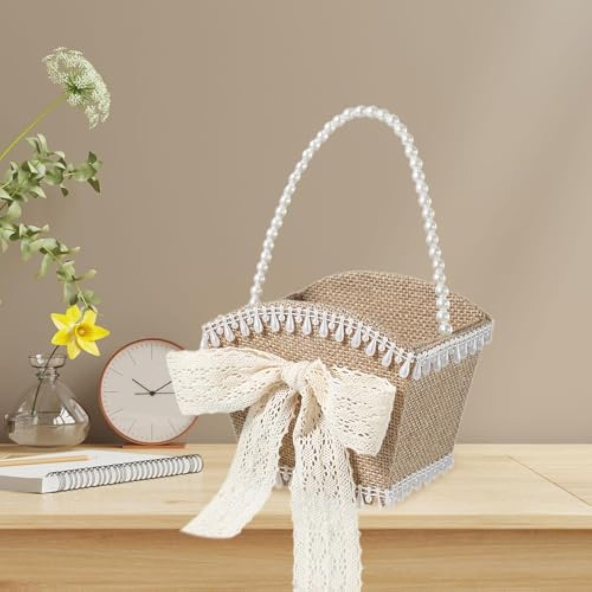 PP Wedding Flower Girl Basket Rustic Bowknot for Table Party